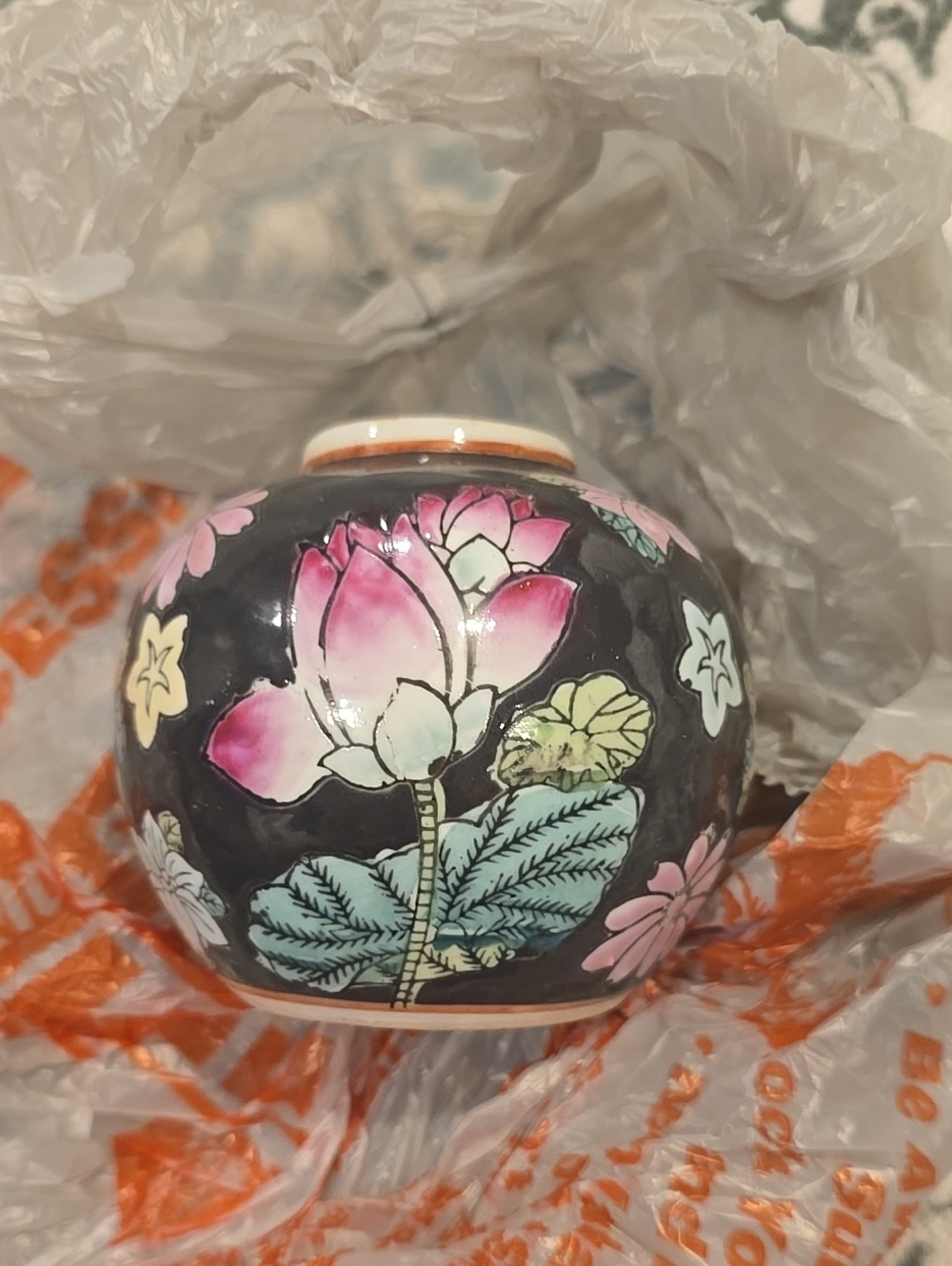 Black Chinoiserie Small Ginger Jar No Lid Vase Pink Peony